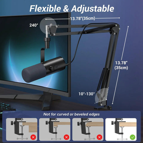 Dynamic Podcast Microphone For Studio With Cardioid XLR USB Outputs AI Noise Reduction mounted on adjustable boom arm.