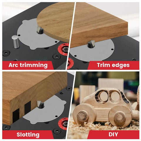 Image showcasing Dead Nuts Precise Router Lift for 65MM and 69MM wood routers, demonstrating arc trimming, edge trimming, and slotting features.
