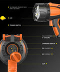 Diagram of Rechargeable Handheld Spotlight With Up To 4500 Lumens, IP67 Waterproof Marine Grade LED Searchlight features and parts.