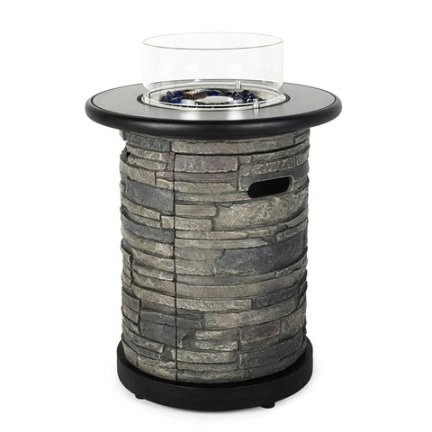 Outdoor Propane Fire Pit Table With Round Porcelain Tile Top 40,000 BTU Fire Bowl Column Auto Ignition includes stone column