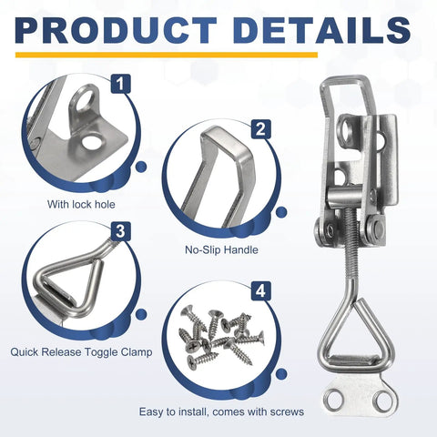 Four Pack Heavy Duty Toggle Latch Clamps In 304 Stainless Steel, Quick Release Hasps With Lock Hole, Adjustable Latches For Cabinets, Smokers, Trunks And Cases, Durable Silver Hardware For Secure Lids And Jigs, with screws