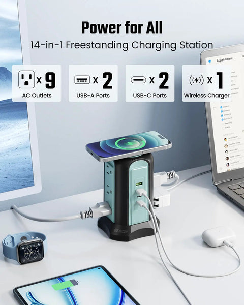 Must-Have Power Strip Tower With Wireless Charger And Surge Protector, 9 Outlets And 4 USB Ports, 10ft Extension Cord, Black and Blue