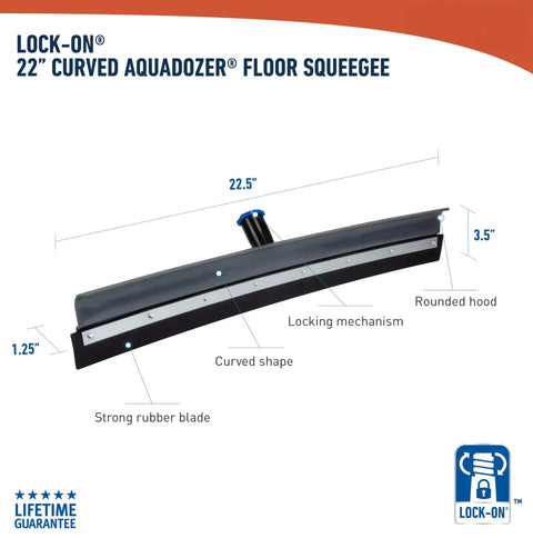 Lock-On 22 Inch Curved AquaDozer Floor Squeegee with strong rubber blade and rounded hood for tile and concrete cleaning.