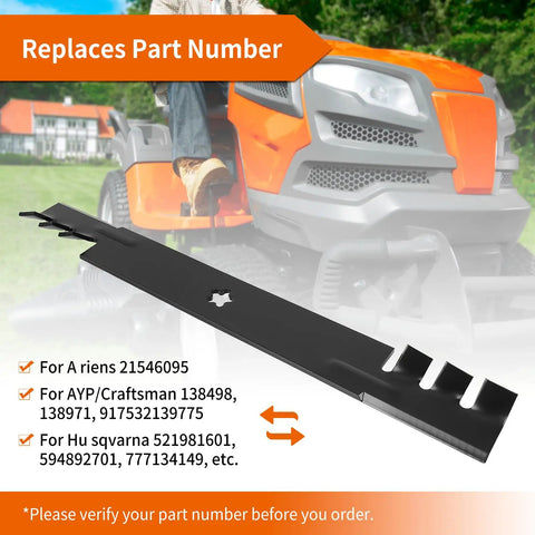42 Inch Mower Blades For Lawn Tractors Gator Mulching Blades Compatible With Craftsman Husqvarna Poulan Riding Mowers Replace 127843 134149 138971 2 Pack Beefed Up Heavy Duty Performance For A Cleaner Deeper Cut, side view against riding mower