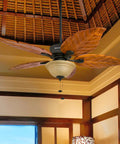 Sabal Palm 52 Inch Tropical LED Ceiling Fan With Light in living room, hand carved wood blades, bronze finish, pull chain operation