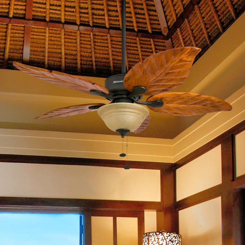 Sabal Palm 52 Inch Tropical LED Ceiling Fan With Light in living room, hand carved wood blades, bronze finish, pull chain operation