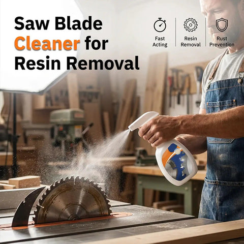 Heavy Duty Saw Blade Cleaner Spray For Quick Resin And Pitch Cleanup being applied to a saw blade for efficient resin removal.