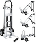 Heavy Duty 4 In 1 Convertible Hand Truck Dolly Cart With 1000 Lbs Capacity folding frame in upright, flatbed, stair climbing, and ladder modes.