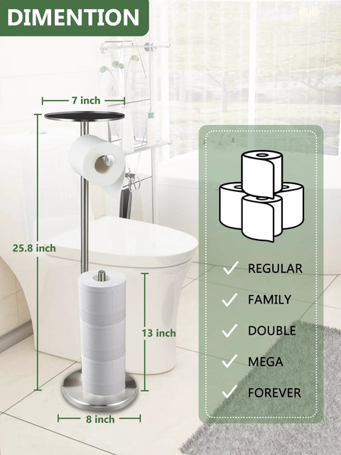 Freestanding Toilet Paper Holder With Storage In Brushed Nickel Stainless Steel Stand For Bathroom Fits 4 Rolls Extra Roll Storage Easy Dispense No More Empty Rolls Modern Bathroom Organizer shown with dimensions and roll capacity.