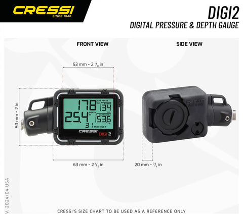 Front and side view of Digi2 Digital Depth And Pressure Gauge For Scuba Diving Blue With Real Time Depth Readout and Tank Pressure Monitor
