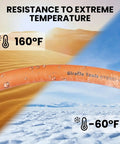 Hybrid Air Hose Three Eighths Inch By Six Ft Lightweight With One Quarter Inch MNPT Fittings, Three Hundred PSI Heavy Duty All Weather Air Compressor Hose in desert and snow conditions indicating flexibility.