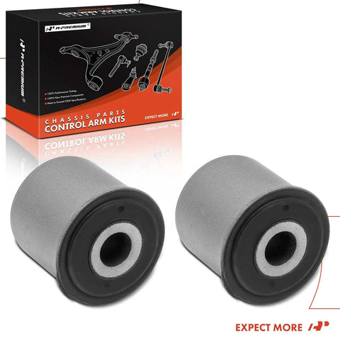 Front Track Bar Bushing Set for Jeep Grand Cherokee WJ 1999 to 2004, Panhard Bar Bushings for Front Left and Right Sides, Driver and Passenger, Direct Replacement, Metal and Rubber Construction with Polished Rustproof Finish, 2 Pack. Two gray metal and rubber bushings with box