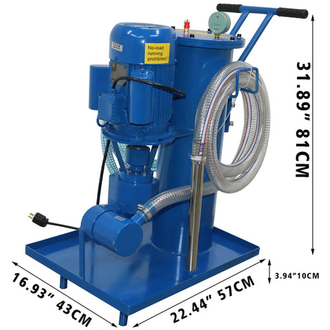 Portable Hydraulic Oil Filter Cart With 3 Micron Precision Filtration And Single Cylinder Purification System Killing Grit Fast With A Slick Pressure Gauge 2M Flexible PVC Hose And 220V Setup showing front view with motor and hose.