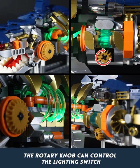 Close-up of mechanical parts showcasing LED lights and gears from the Dope Mechanical Cyberpunk Shark Building Set With Display Stand And Lights For Adults, 687-Piece LEGO Compatible Ocean Model, Desk Display Ready, Expandable Kit For Builders And Collectors.