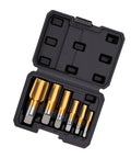 Six Piece Ti Coated Carbon Steel NPT Pipe Tap Set With Storage Case For Plumbing Automotive And Construction Jobs - Includes 1/8 In, 1/4 In, 3/8 In, 1/2 In, 3/4 In And 1 In Hand Threading Taps. Open case with six Ti-coated NPT pipe taps