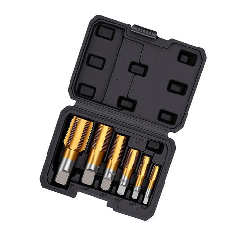 Six Piece Ti Coated Carbon Steel NPT Pipe Tap Set With Storage Case For Plumbing Automotive And Construction Jobs - Includes 1/8 In, 1/4 In, 3/8 In, 1/2 In, 3/4 In And 1 In Hand Threading Taps. Open case with six Ti-coated NPT pipe taps