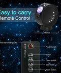 Lit Galaxy Sky Projector Light With Nebula Stars And Full Moon, remote control with buttons for gaming room ambience.