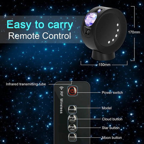 Lit Galaxy Sky Projector Light With Nebula Stars And Full Moon, remote control with buttons for gaming room ambience.