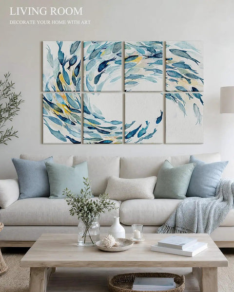 Top Shelf Acoustic Wall Panels With Dope Watercolor Fish Art For Bedroom And Podcast Room Sound Absorbing Polyester Fiber Decor Noise Fighting Wall Tiles 8 Piece Collection, displayed in a cozy living room.