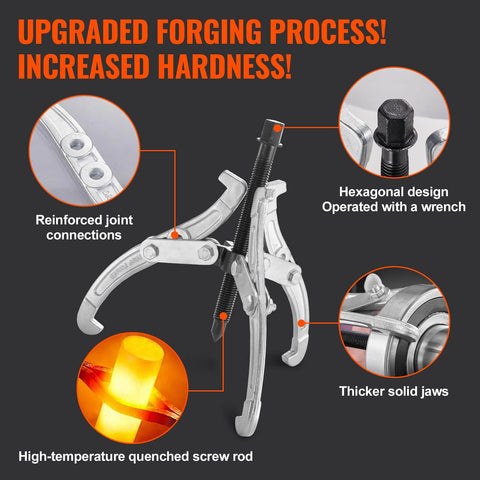 4 Piece Gear Puller Kit With 3 4 6 8 Inch Spreads, 2 Or 3 Reversible Jaws shown with reinforced joints and hexagonal design