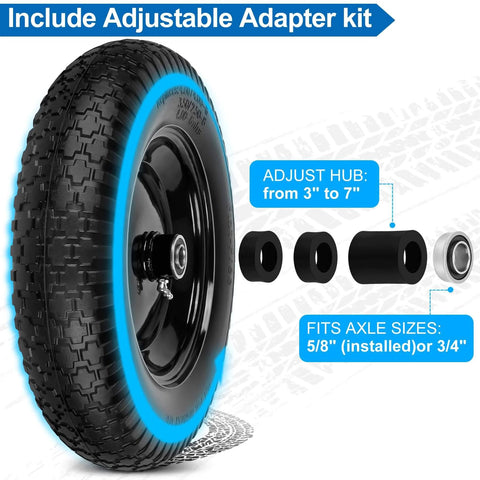 Flat Free Wheelbarrow Tires And Wheels 14.5 Inch Universal Fit Solid Tires For 5/8 Inch Or 3/4 Inch Bearings with adapter kit