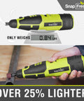 12V Cordless Rotary Tool Kit with Flex Shaft and 7 Variable Speeds shown in hand use and on scale, highlighting weight.