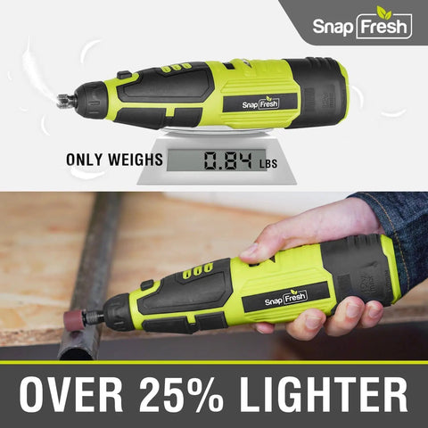 12V Cordless Rotary Tool Kit with Flex Shaft and 7 Variable Speeds shown in hand use and on scale, highlighting weight.