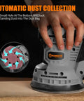 20V Max Cordless Random Orbital Sander 5 Inch Variable Speed Hand Sander highlighting dust collection feature in use