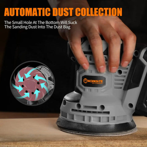 20V Max Cordless Random Orbital Sander 5 Inch Variable Speed Hand Sander highlighting dust collection feature in use