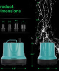1150GPH Submersible Pump For Fish Tanks, Ponds, Aquariums And Hydroponics, 100W, with dimensions and 4 nozzles, blue