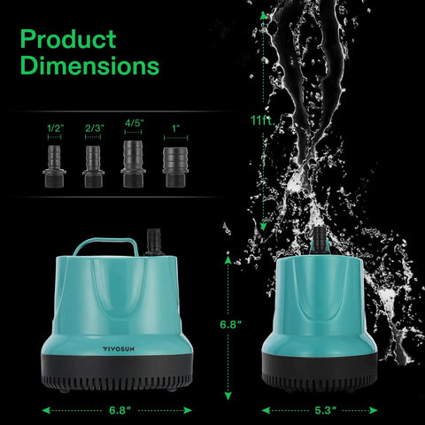 1150GPH Submersible Pump For Fish Tanks, Ponds, Aquariums And Hydroponics, 100W, with dimensions and 4 nozzles, blue