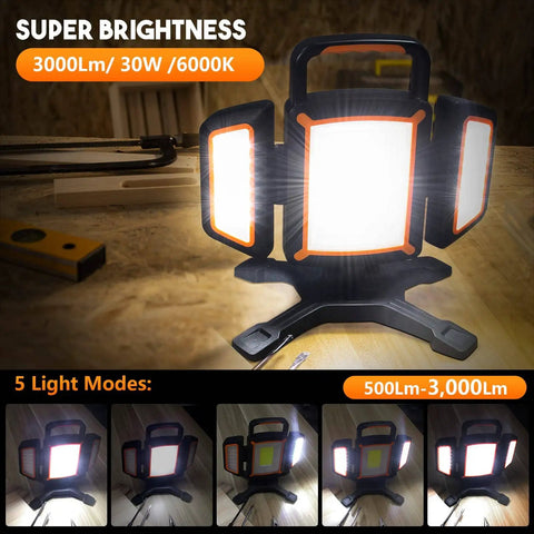 30W Rechargeable LED Work Light With 3000 Lumens, Magnetic And Waterproof Cordless Job Site Lighting illuminated on workbench