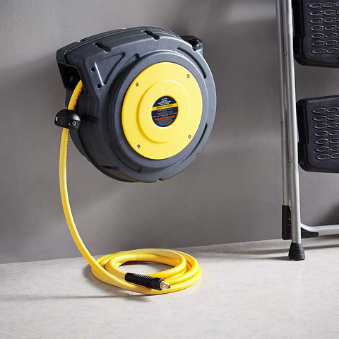 Retractable Air Tool Hose Reel With Polypropylene Case And Three Eighth Inch By Fifty Foot Premium Hybrid Polymer Hose Heavy Duty