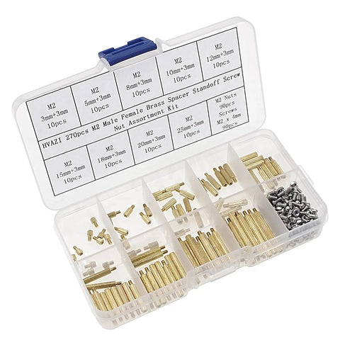 Rad M2 Brass Knurled Standoff Assortment Kit With Tough As Nails Round Spacers And Stainless Steel Screws And Nuts for DIY projects.