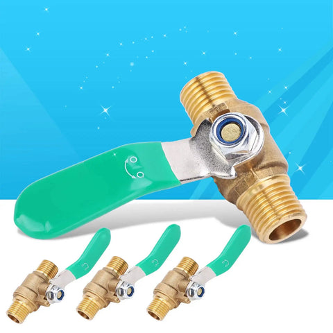 Straight Shooter 1/4 Inch Brass Ball Valve Four Pack With Dead Simple Shut Off For Hot And Cold Water Plumbing Setup featuring green handle and sturdy male threads.