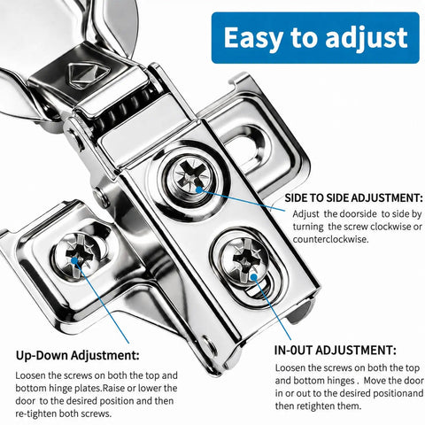 Close-up of adjustable Soft Close No Slam Cabinet Hinges Pack Of 20 For One Half Inch Overlay Cabinets with adjustment guide.