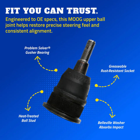 MOOG upper ball joint with greaseable socket, heat-treated ball stud, Belleville washer, shown on blue background