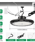 UFO LED High Bay Light 300W 5000K 0 To 10V Dimmable 45000LM with US plug and safety cable, dimensions shown