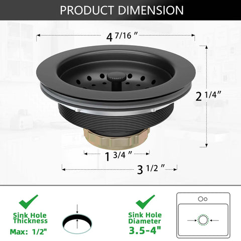Dimensions of Matte Black 3-1/2 Inch Kitchen Sink Drain Assembly Kit With Strainer Basket And Stopper Universal Fit