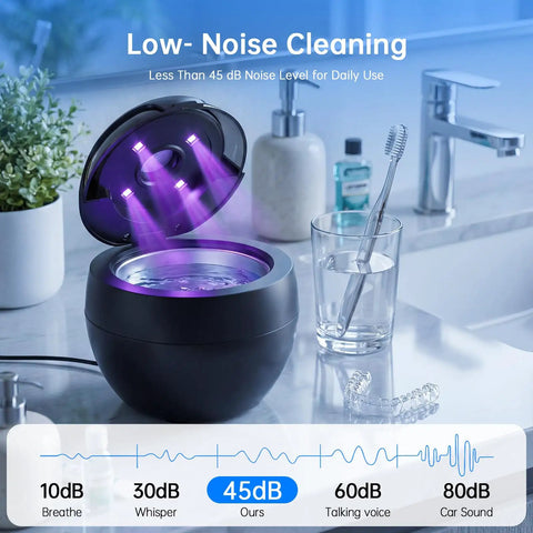 Go-To Ultrasonic Retainer Cleaner Pod With 45KHz Deep Cleaning, digital timer, 200ml tank, shown in a bathroom setting next to dental tools