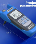 Blue handheld optical power meter with LCD display and 6-button keypad; includes FC-LC adapter.