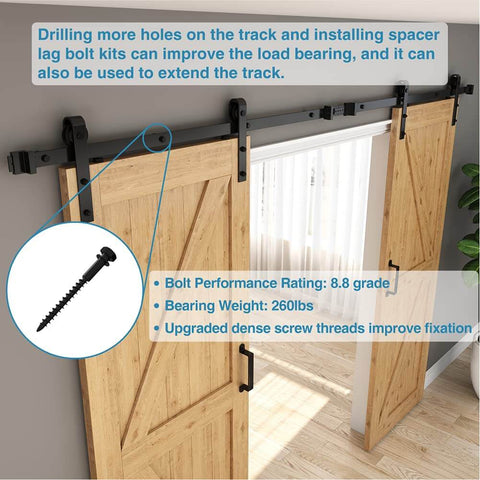 1-3/8 Inch Sliding Barn Door Track Spacers Replacement Kit With Adjustable Carbon Steel Connectors Including Lag Bolts And Wall Anchors Pack Of 4 installed on wood doors