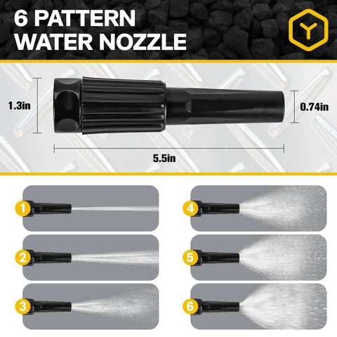 Built To Last Tough As Nails Stainless Steel Garden Hose 100 Feet With Sprayer And Nozzle Flexible Lightweight Water Hose With No Kink Design Pet Proof For Yard Outdoor RV And Camping - 6 pattern water nozzle with measurements and spray patterns