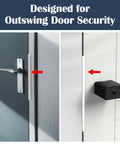 Heavy Duty Stainless Steel Door Latch Shield Plate Anti Pry Guard For Outswing Residential Entries shown on two door examples.
