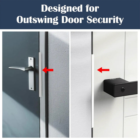Heavy Duty Stainless Steel Door Latch Shield Plate Anti Pry Guard For Outswing Residential Entries shown on two door examples.