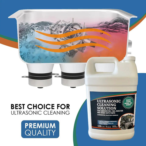 Heavy Duty Ultrasonic Carburetor Cleaning Solution One Gallon Sonic Bath Fluid next to an ultrasonic cleaner with engine parts.