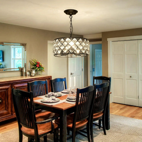 Three Light Modern Crystal Chandelier In Black Metal Farmhouse Pendant Light With E26 Base Adjustable Ceiling Fixture over dining table