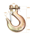 Beefy Three Eighths Inch Clevis Slip Hook Set With Safety Latch Two Pack Trailer Chain Hooks For Rigging Towing And Lifting Forged G70 Hook 18000 Lbs Perfect For Trailers Winches And Transport, showing single G70 hook with dimensions displayed.
