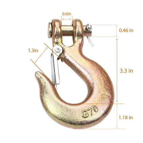 Beefy Three Eighths Inch Clevis Slip Hook Set With Safety Latch Two Pack Trailer Chain Hooks For Rigging Towing And Lifting Forged G70 Hook 18000 Lbs Perfect For Trailers Winches And Transport, showing single G70 hook with dimensions displayed.