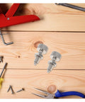 Two Pack Straight Up Heavy Duty Knurled Knobs And Indexing Plungers Quick Release Pins Spring Loaded Toolbox Locking Screws on wood surface.
